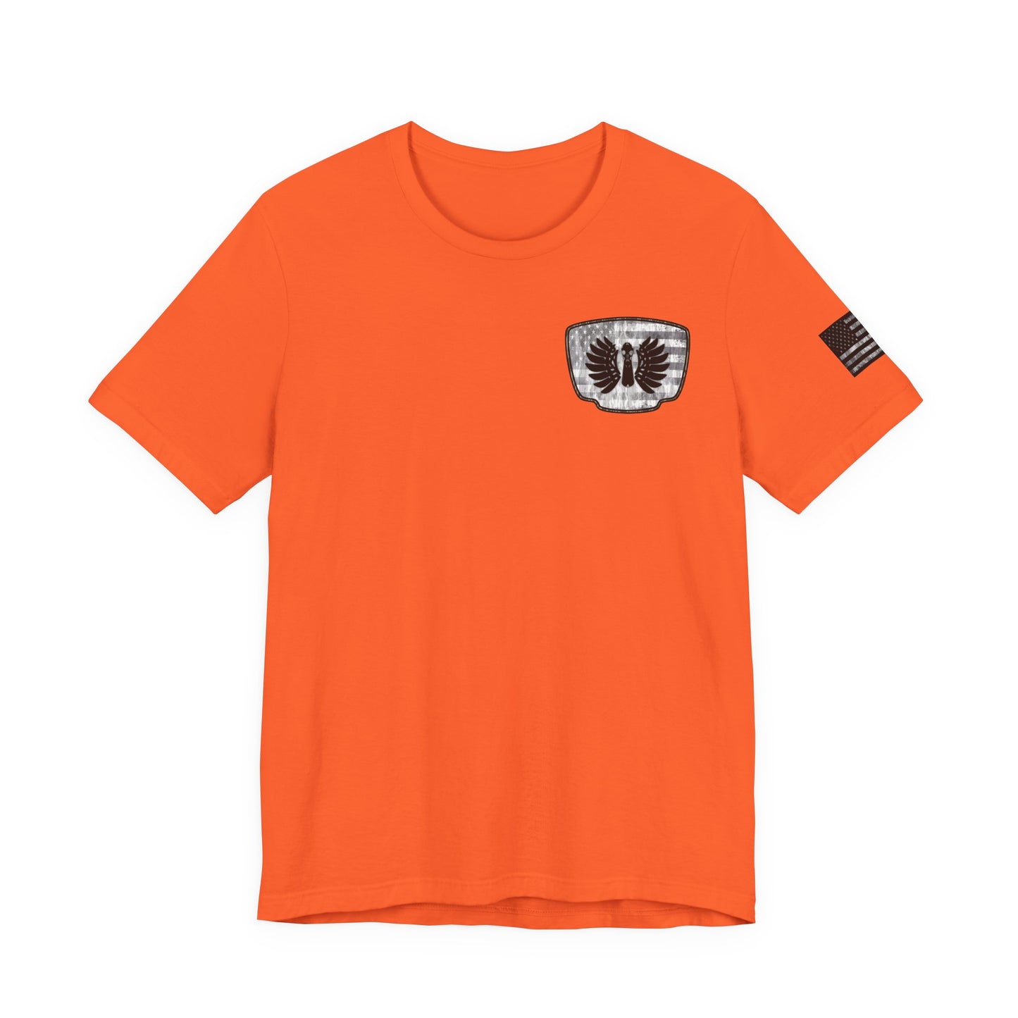 Duck Hunting American Flag Badge T-Shirt – Mossy Camo Print, Crossed Guns & Duck Skull Graphic