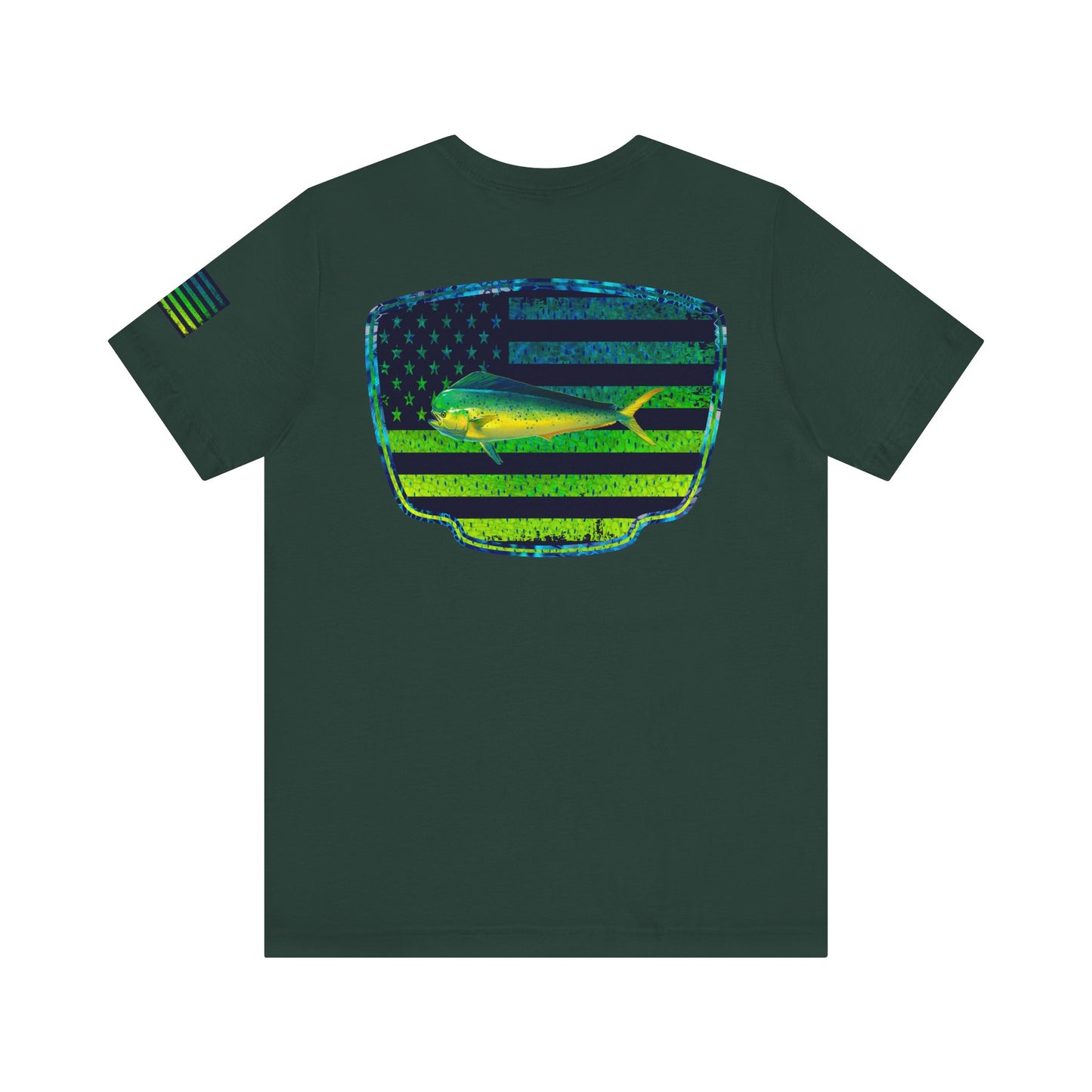 Patriotic Mahi Mahi Flag Tee – Grunge Fishing Badge Shirt for Outdoor Lovers