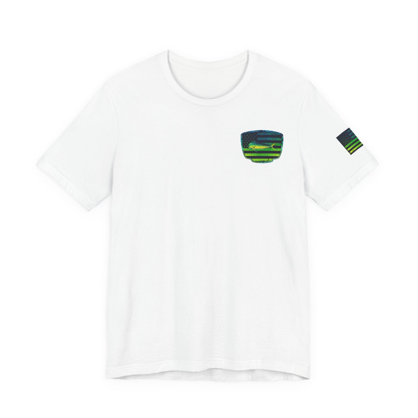 Patriotic Mahi Mahi Flag Tee – Grunge Fishing Badge Shirt for Outdoor Lovers