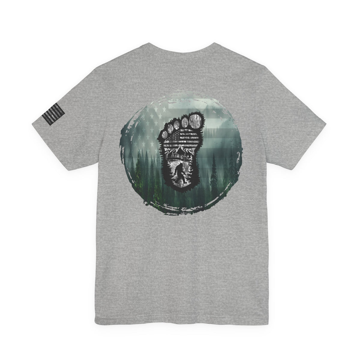 Bigfoot American Flag Camo Tee, Sasquatch Patriotic Shirt, Unisex Graphic Tee, Outdoor Adventure Top, Men's Women's Tee