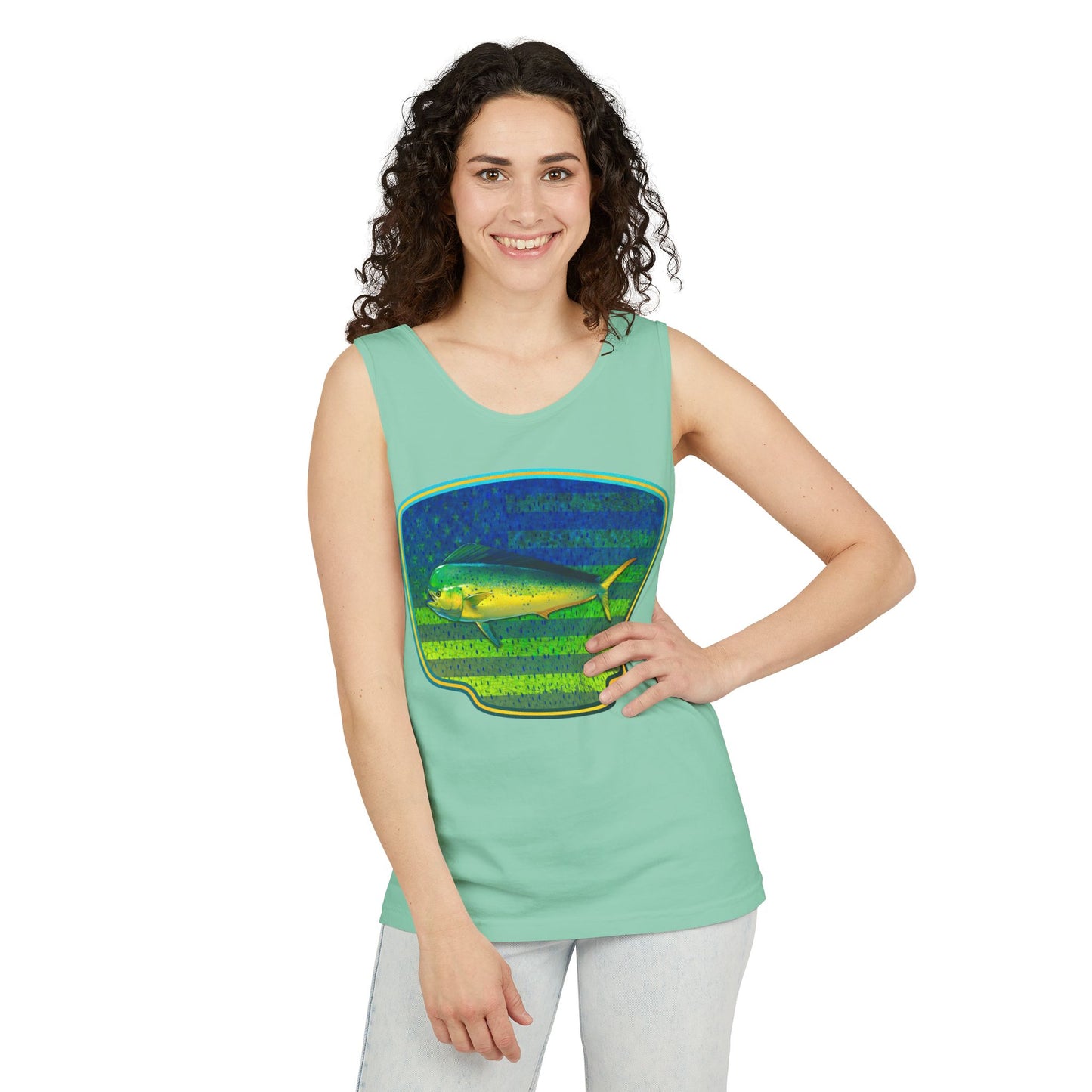 American Mahi Mahi Graphic Tank Top, Summer Apparel, Outdoors Shirt, Fishing Gear, Beachwear, Gifts for Anglers