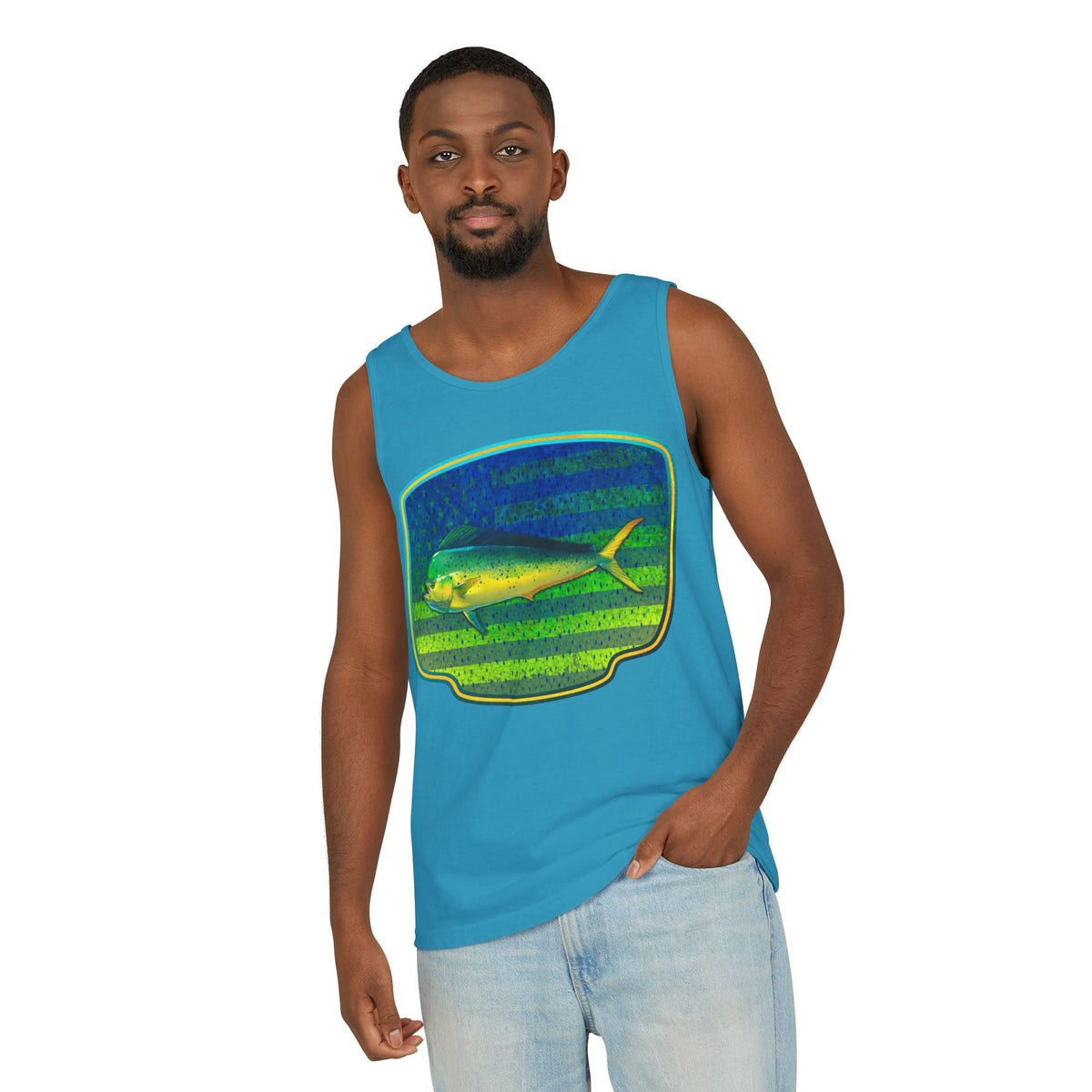 American Mahi Mahi Graphic Tank Top, Summer Apparel, Outdoors Shirt, Fishing Gear, Beachwear, Gifts for Anglers
