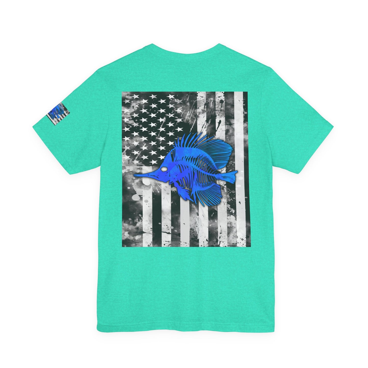 Blue Fish Skeleton Grunge American Flag Tee, Patriotic USA Shirt, Vintage American Flag