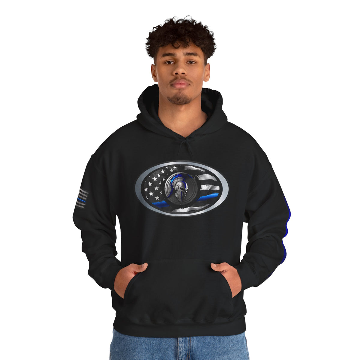 Spartan Thin Blue Line Flag Hoodie – Warrior Helmet Patriotic Sweatshirt for Police Supporters