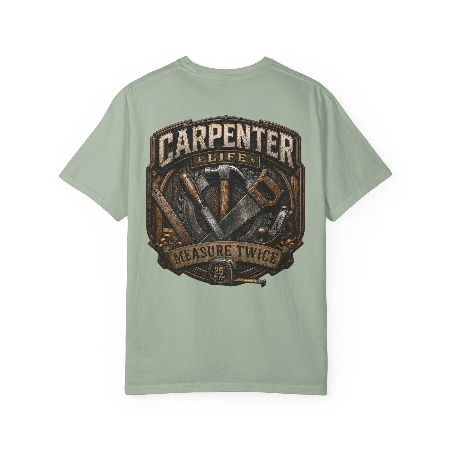 Carpenter Life T-Shirt – 'Measure Twice' Vintage Tool Emblem