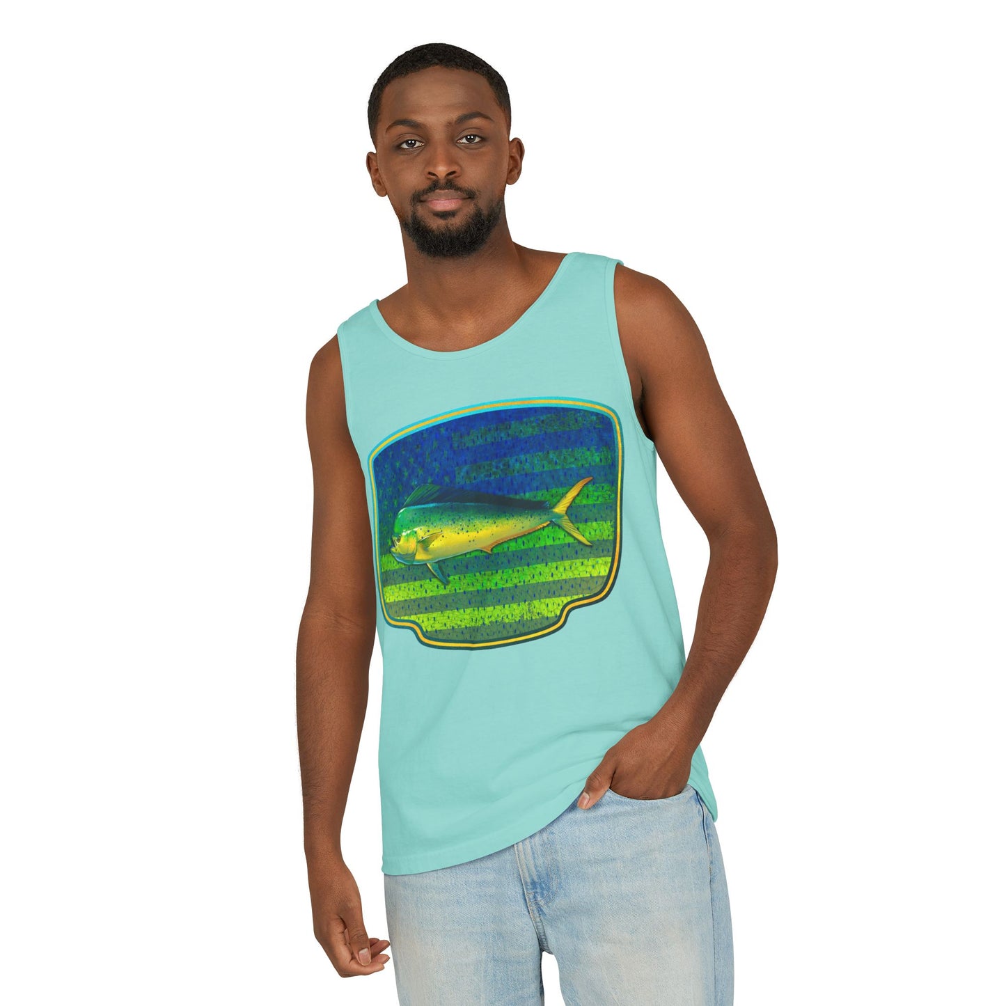 American Mahi Mahi Graphic Tank Top, Summer Apparel, Outdoors Shirt, Fishing Gear, Beachwear, Gifts for Anglers