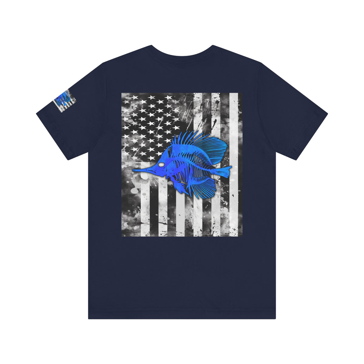 Blue Fish Skeleton Grunge American Flag Tee, Patriotic USA Shirt, Vintage American Flag
