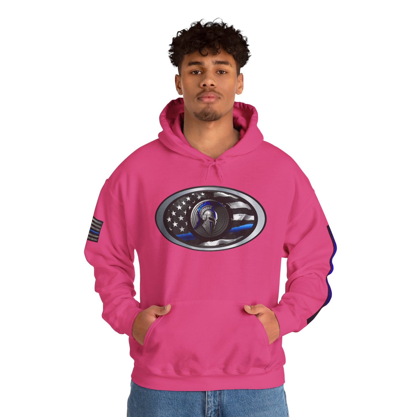 Spartan Thin Blue Line Flag Hoodie – Warrior Helmet Patriotic Sweatshirt for Police Supporters
