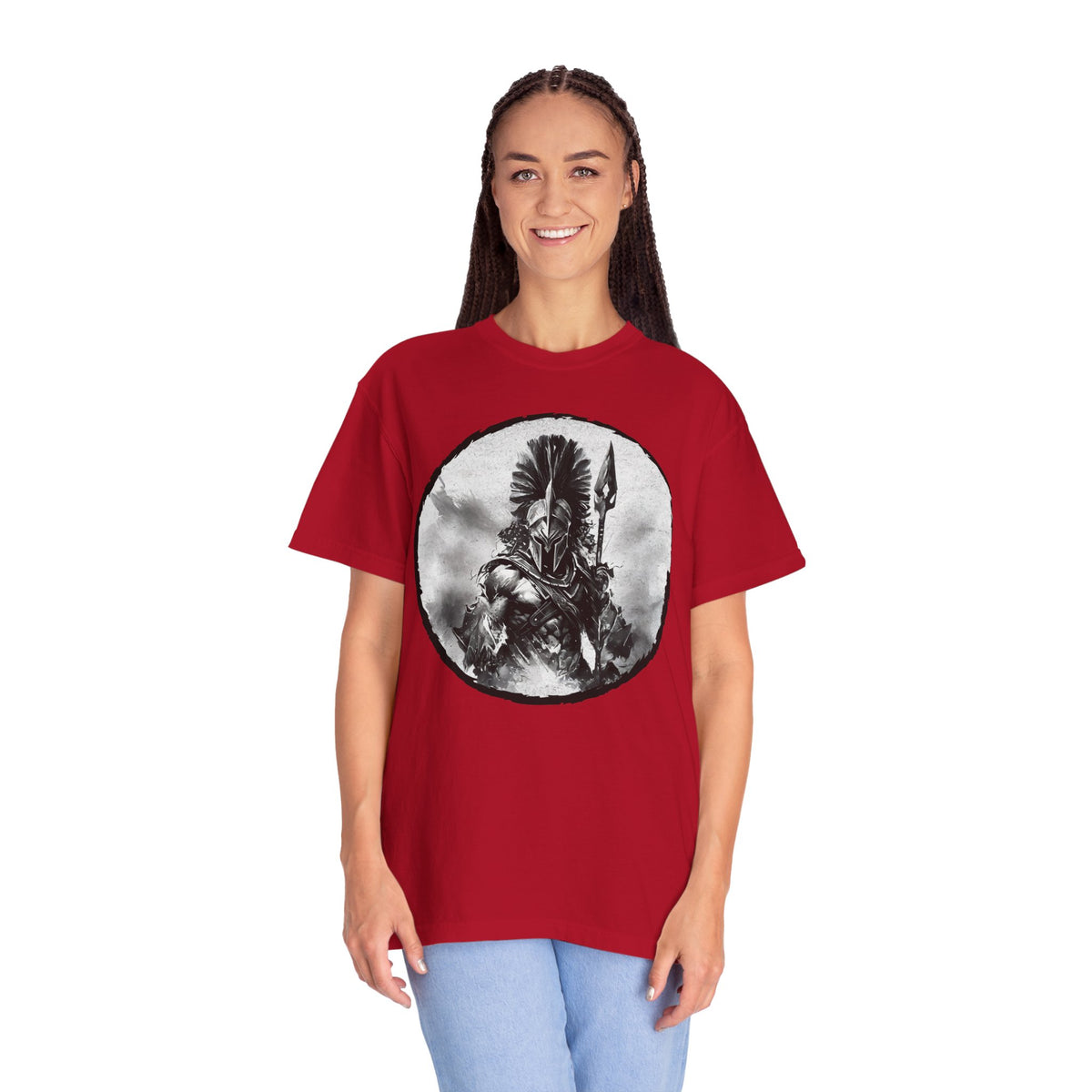 Spartan Warrior T-Shirt – Greek Helmet Circle Design Front & Spear Back | Warrior Graphic Tee