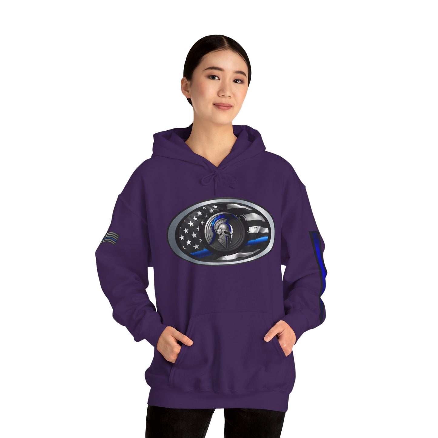 Spartan Thin Blue Line Flag Hoodie – Warrior Helmet Patriotic Sweatshirt for Police Supporters