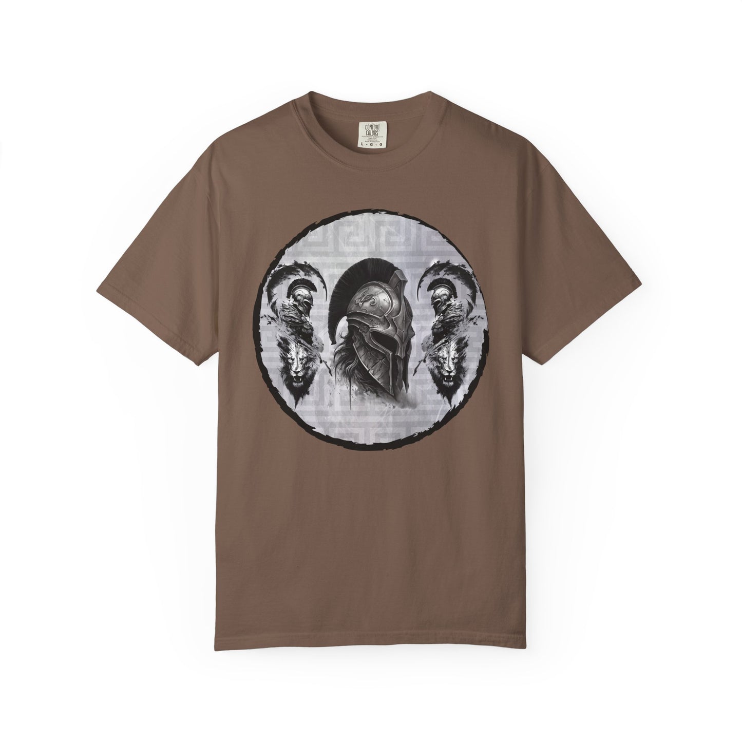 Spartan Warrior T-Shirt – Greek Helmet Circle Design Front & Spear Back | Warrior Graphic Tee