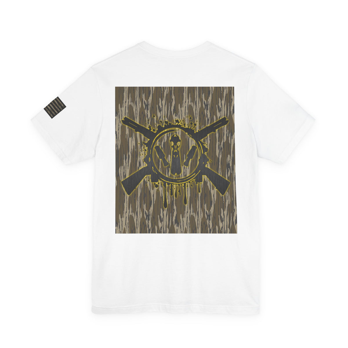 Duck Hunting Badge T-Shirt – Mossy Camo Print, Crossed Guns & Duck Skull Graphic