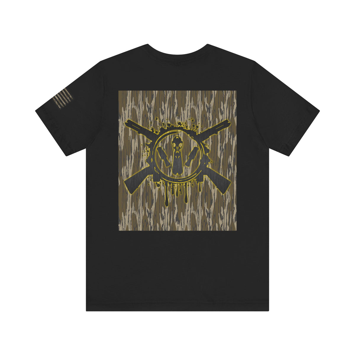 Duck Hunting Badge T-Shirt – Mossy Camo Print, Crossed Guns & Duck Skull Graphic