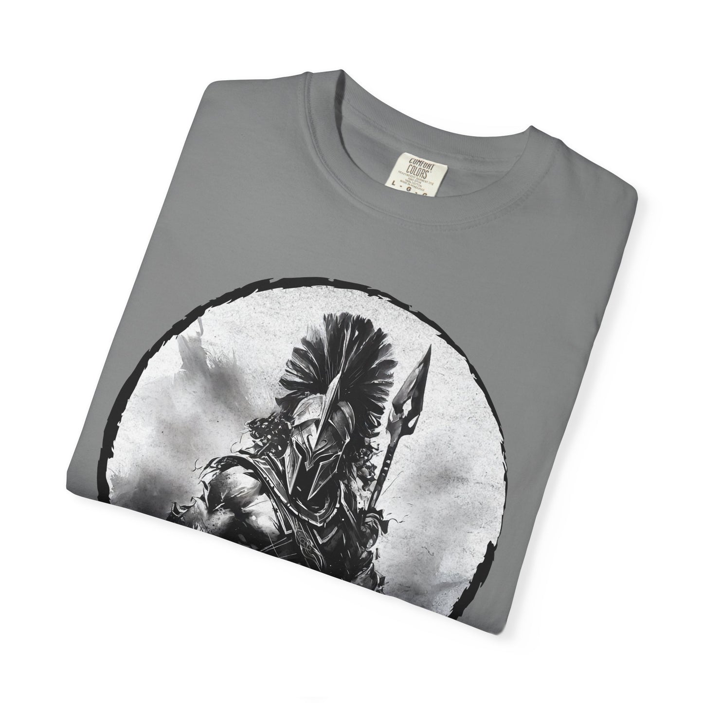 Spartan Warrior T-Shirt – Greek Helmet Circle Design Front & Spear Back | Warrior Graphic Tee