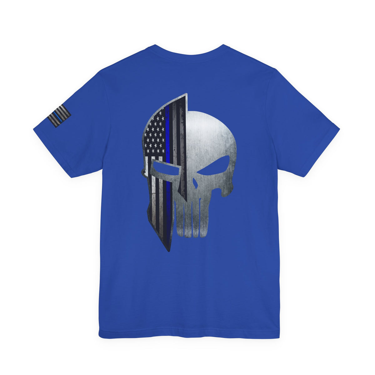 Grunge Metal Spartan Thin Blue Line American Flag T-Shirt – Honor & Valor Police Tribute Tee