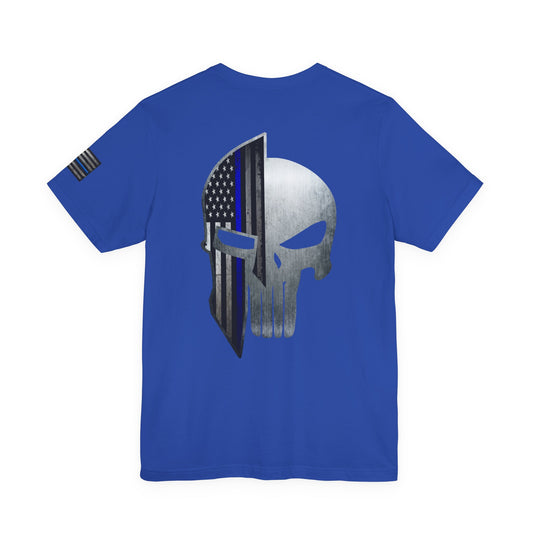 Grunge Metal Spartan Thin Blue Line American Flag T-Shirt – Honor & Valor Police Tribute Tee
