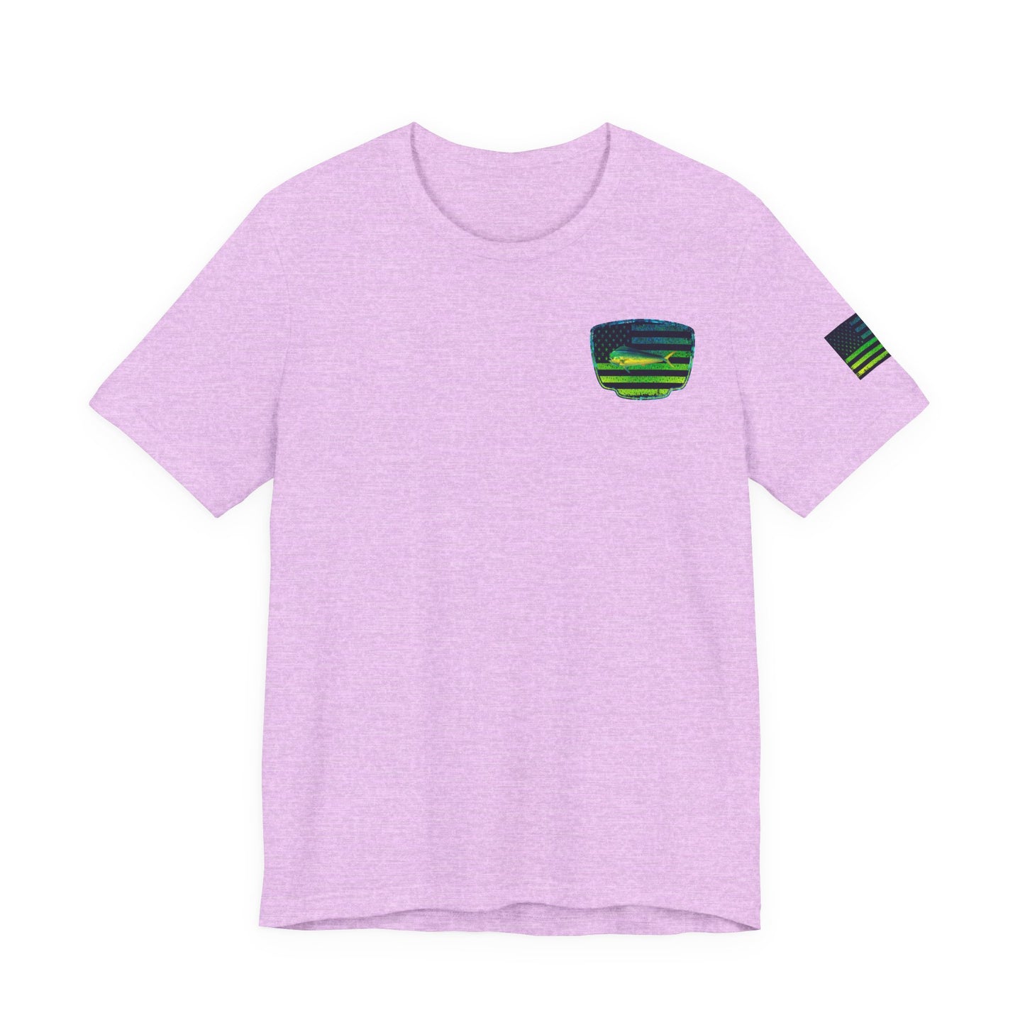 Patriotic Mahi Mahi Flag Tee – Grunge Fishing Badge Shirt for Outdoor Lovers