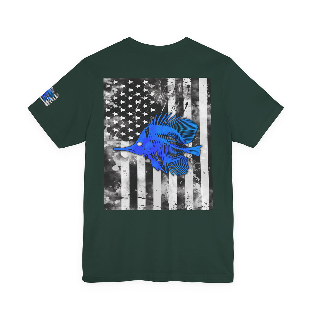 Blue Fish Skeleton Grunge American Flag Tee, Patriotic USA Shirt, Vintage American Flag