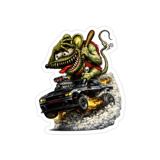 Crazy Rat Dodge Demon Sticker | Supercharged Black Muscle Car Decal | Monster Drag Racing Art | Transparent Vinyl Hot Rod Sticker