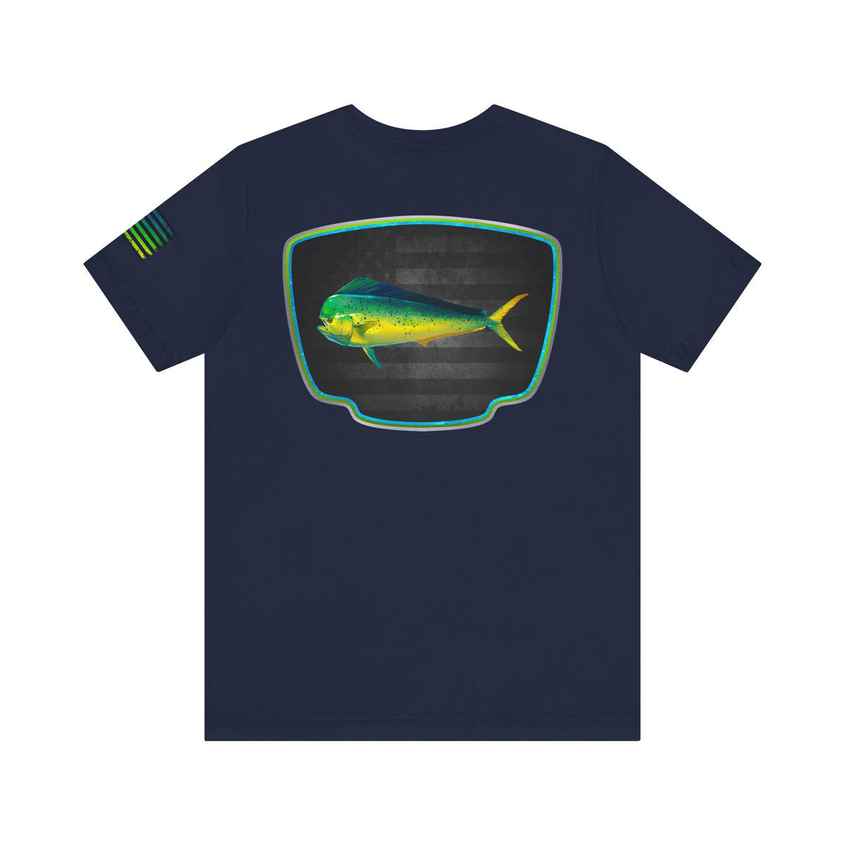 Mahi Mahi Badge Tee with Blackout Flag – Patriotic Saltwater Fishing Shirt