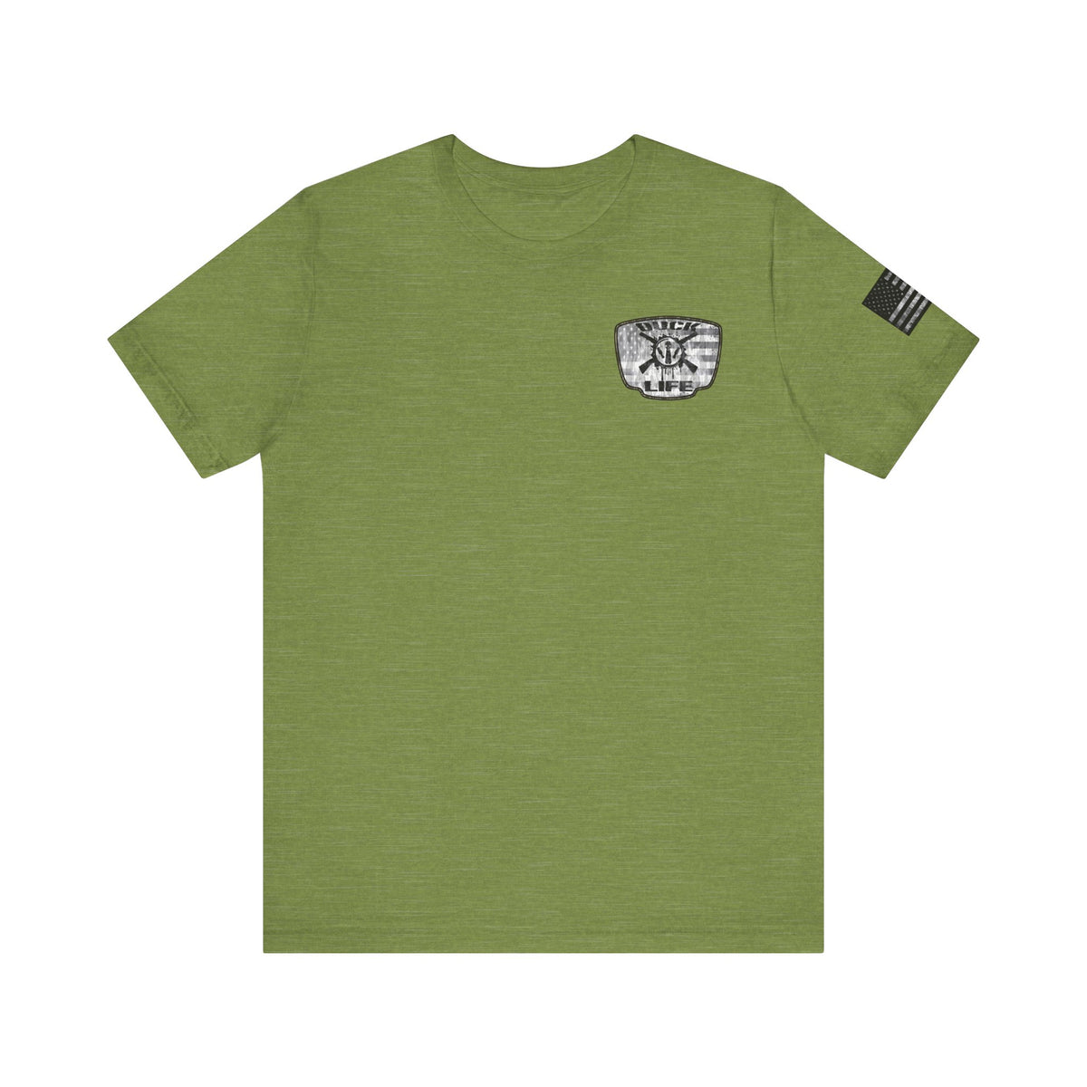 White American Flag Duck Hunting Badge T-Shirt – Mossy Camo Print, Crossed Guns & Duck Skull Graphic