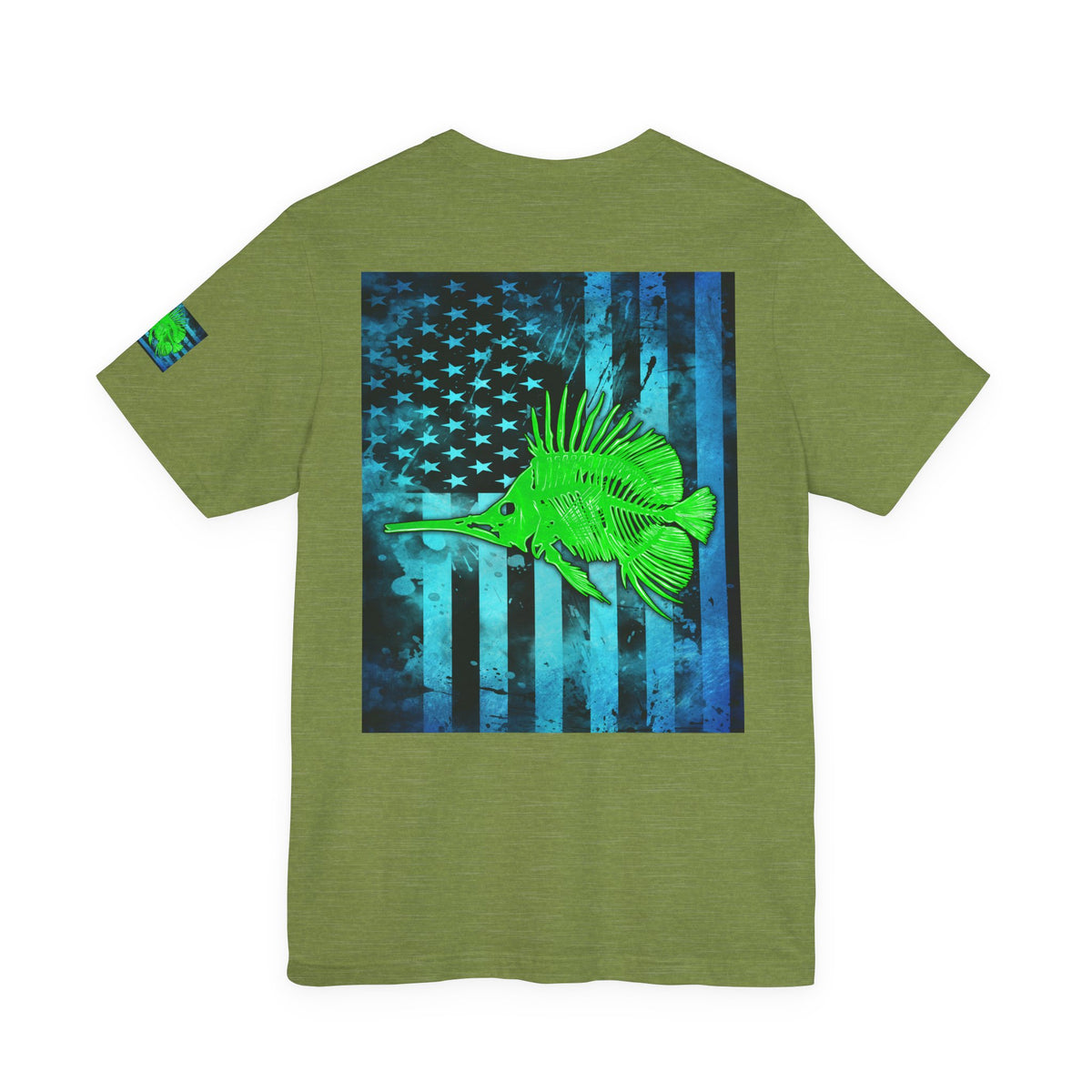 Green Fish Grunge American Flag Tee, Patriotic USA Shirt, Vintage American Flag