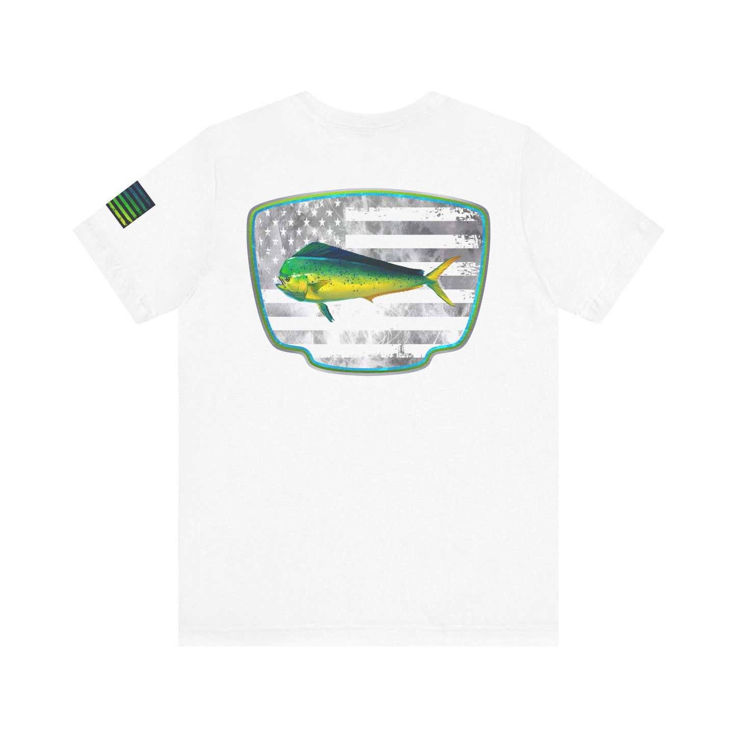 Mahi Mahi Sunglass Badge Tee – White Distressed Flag Fishing Shirt