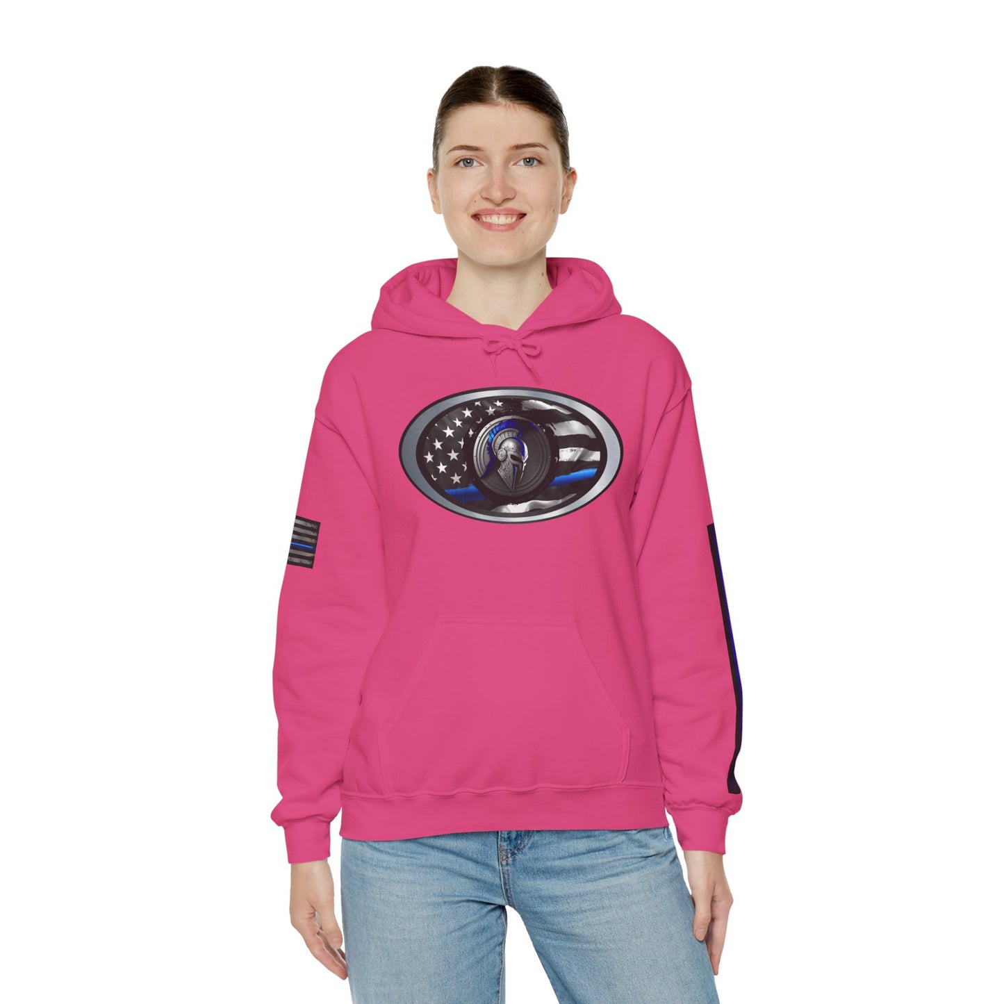 Spartan Thin Blue Line Flag Hoodie – Warrior Helmet Patriotic Sweatshirt for Police Supporters