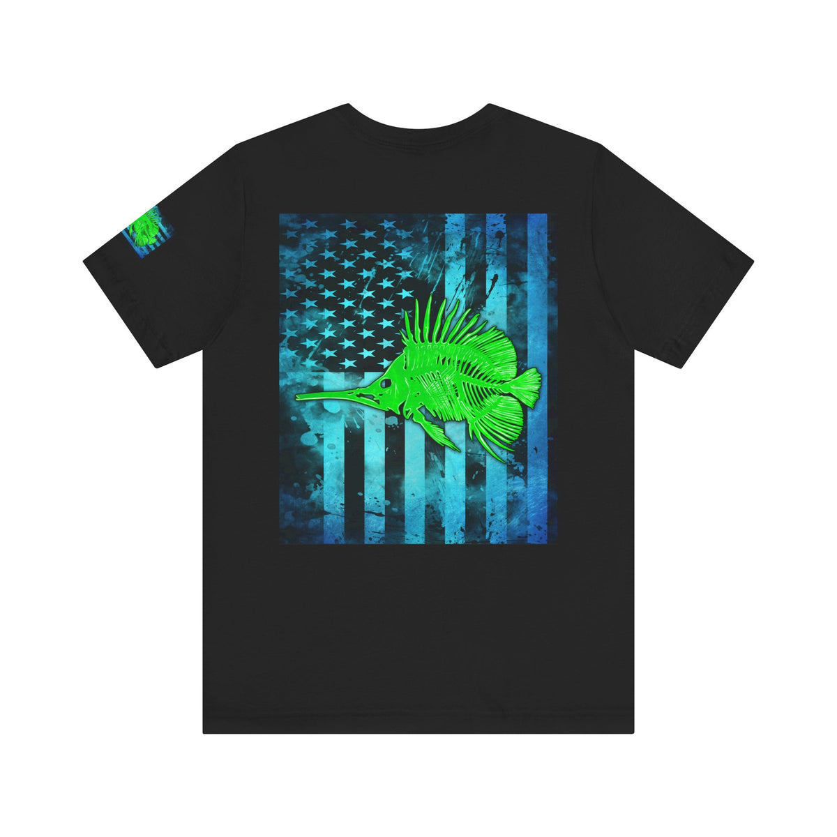 Green Fish Grunge American Flag Tee, Patriotic USA Shirt, Vintage American Flag