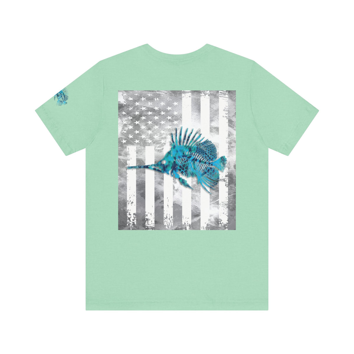 Fish Skeleton Grunge American Flag Tee, Patriotic Fishing Shirt, Vintage USA Bones, Fourth of July Apparel,