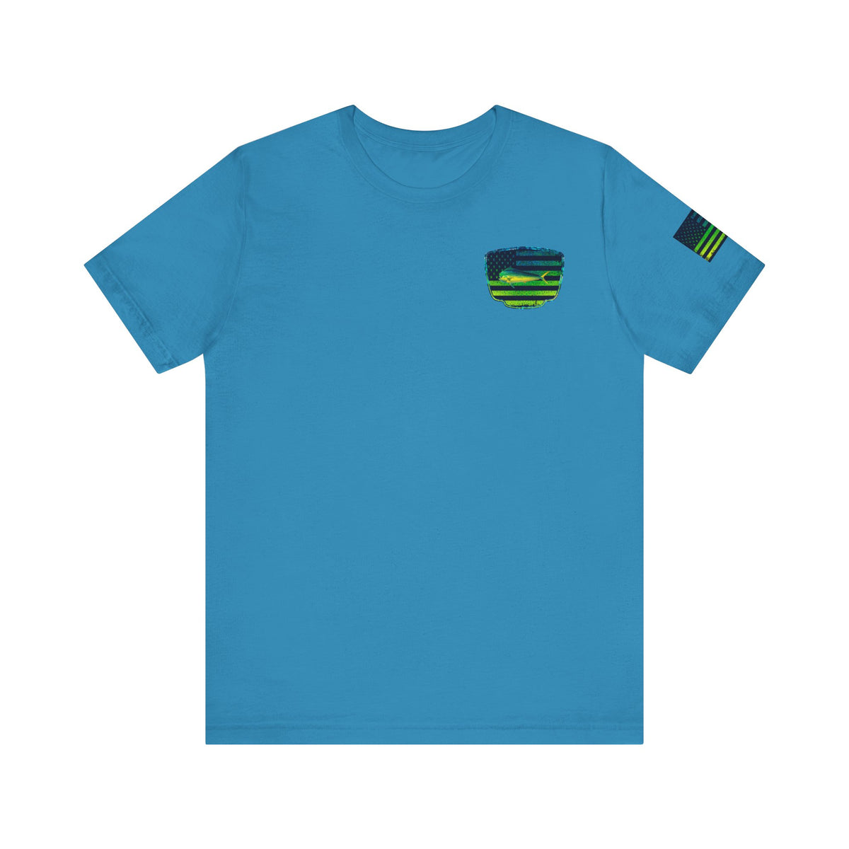 Patriotic Mahi Mahi Flag Tee – Grunge Fishing Badge Shirt for Outdoor Lovers