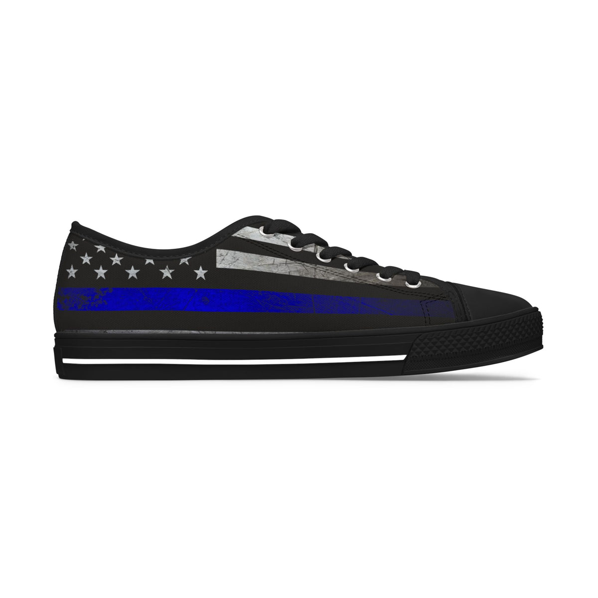 Thin Blue Line American Flag Sneakers – Black & Blue Low Top Canvas Shoes for Women, Police Support, Patriotic Streetwear