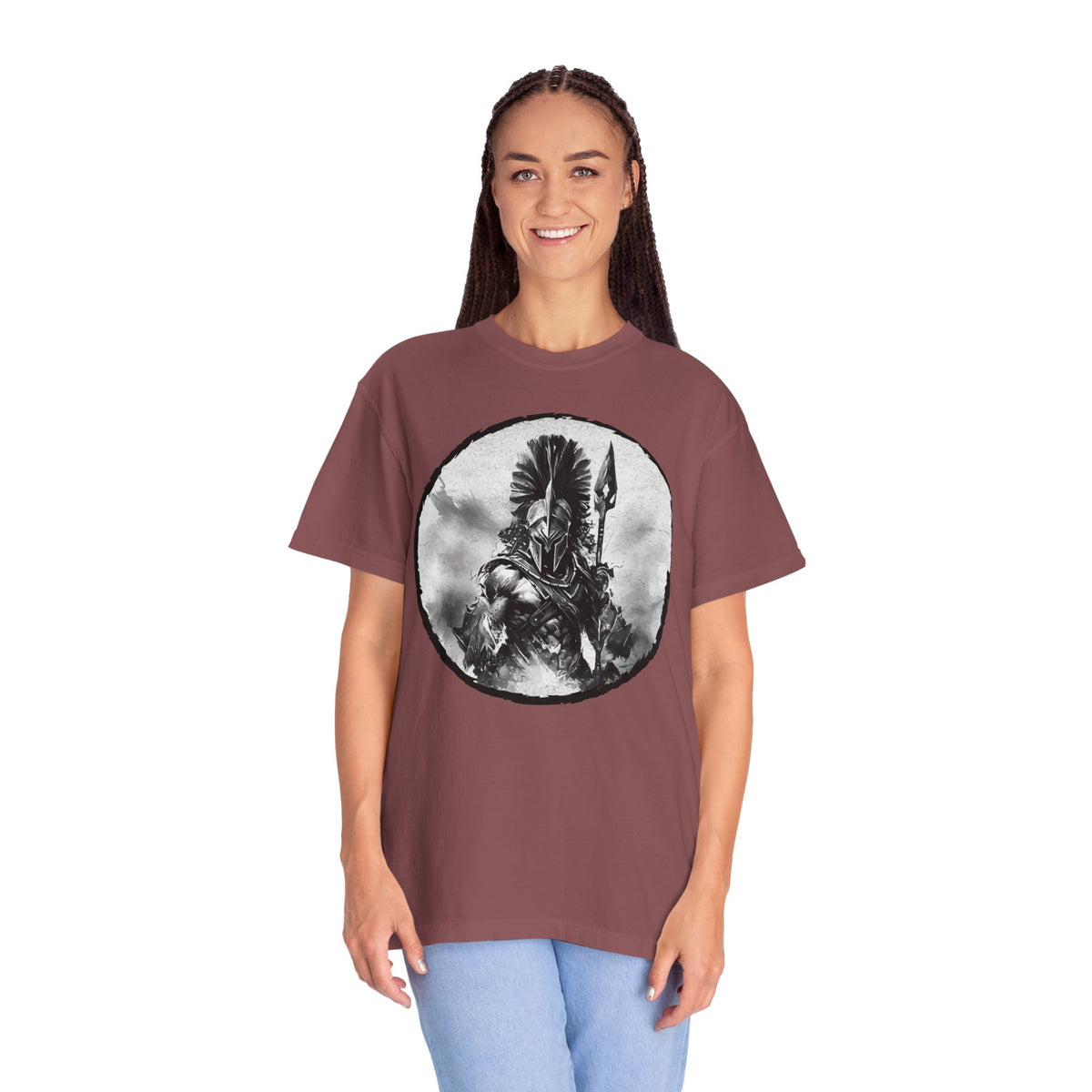 Spartan Warrior T-Shirt – Greek Helmet Circle Design Front & Spear Back | Warrior Graphic Tee