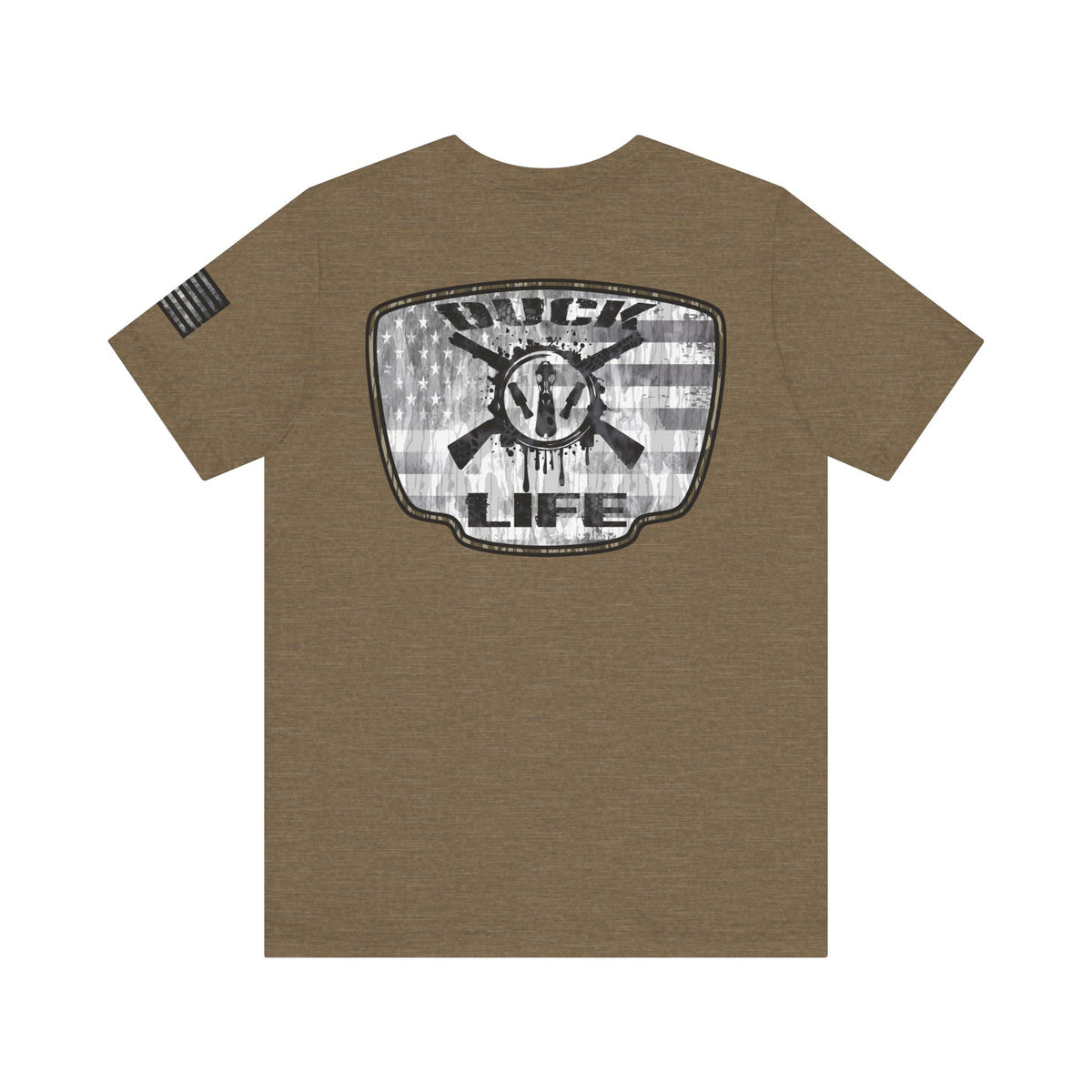 White American Flag Duck Hunting Badge T-Shirt – Mossy Camo Print, Crossed Guns & Duck Skull Graphic