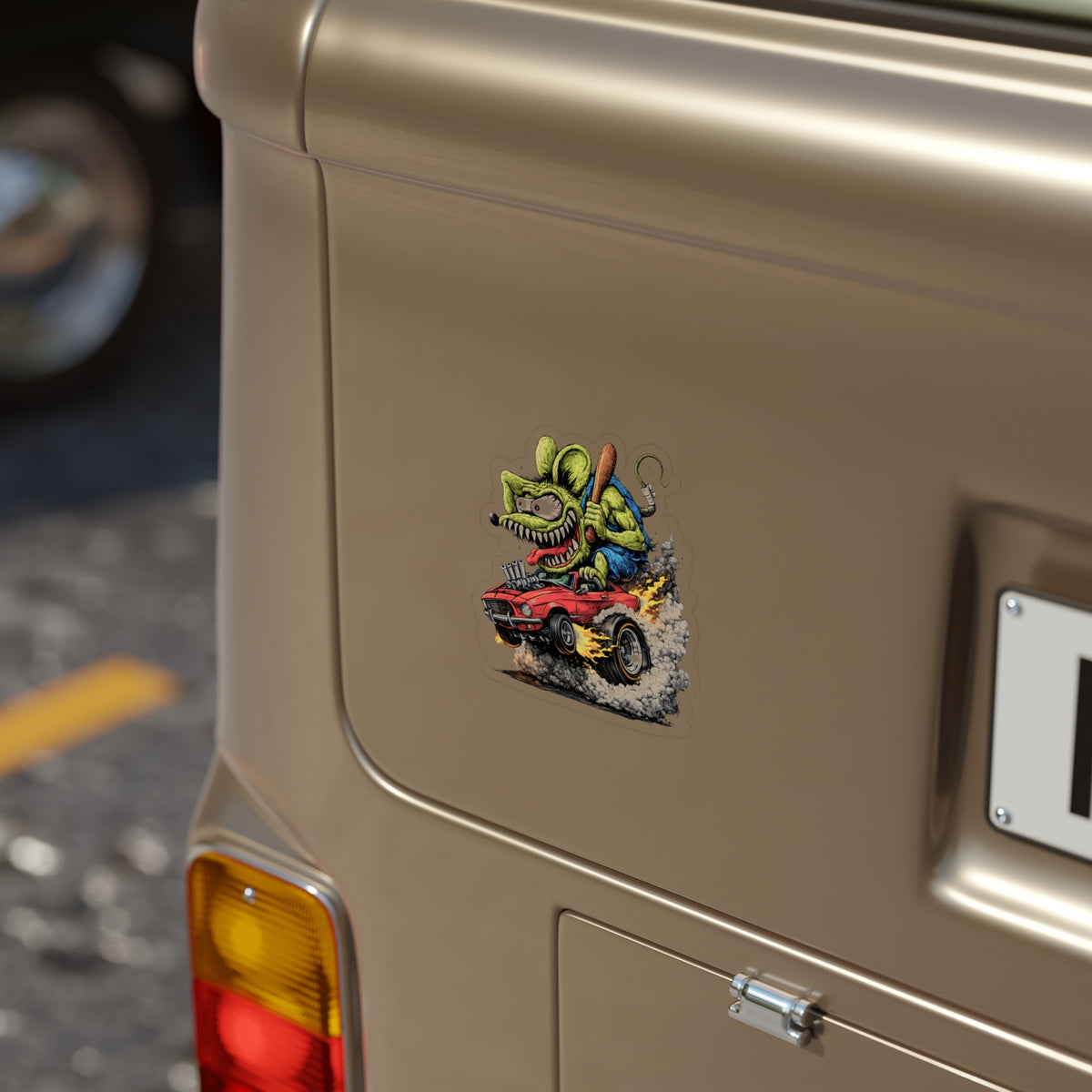 Rat Fink Sticker — Hot Rod Driving Mouse on Red Muscle Car (Outdoor Transparent)