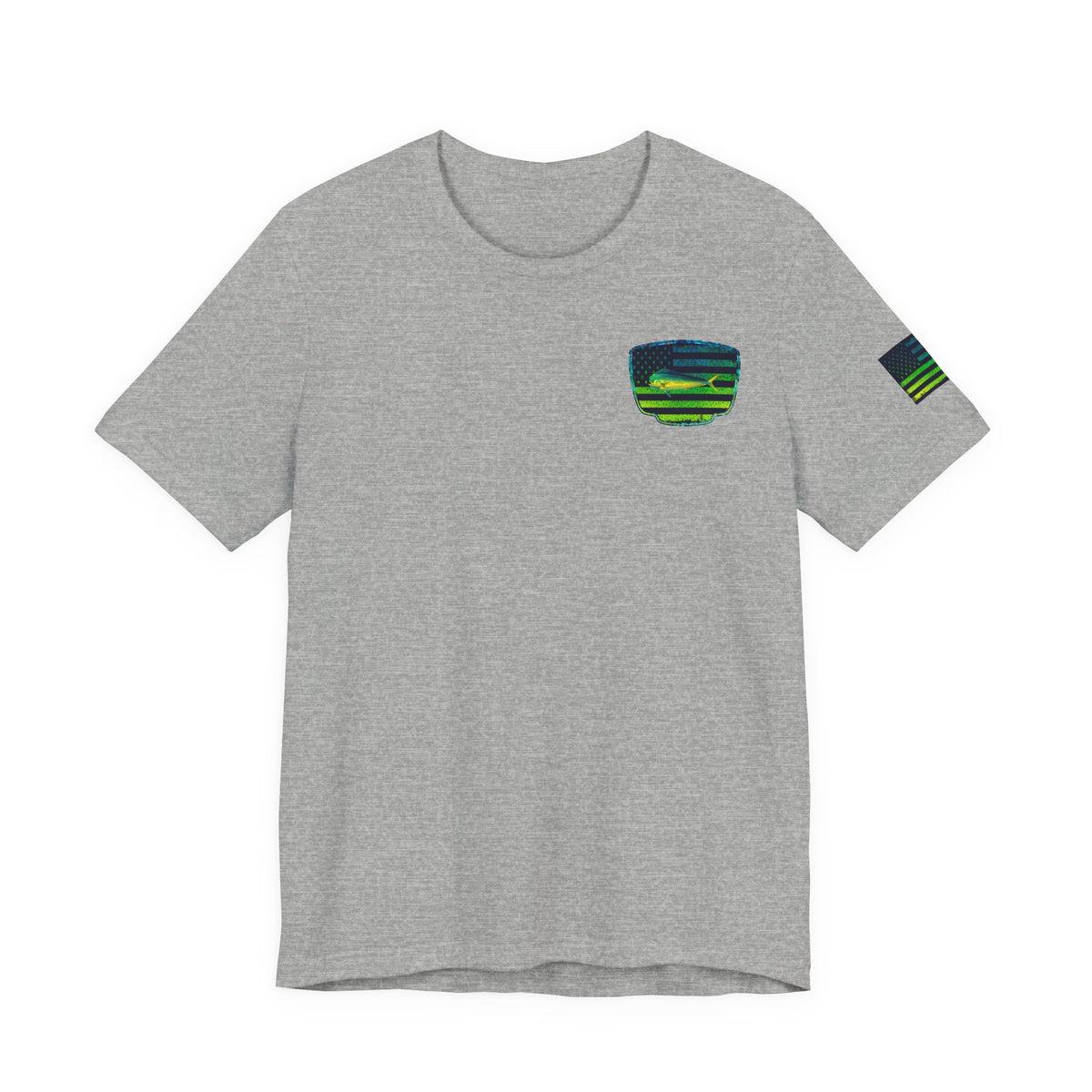 Patriotic Mahi Mahi Flag Tee – Grunge Fishing Badge Shirt for Outdoor Lovers