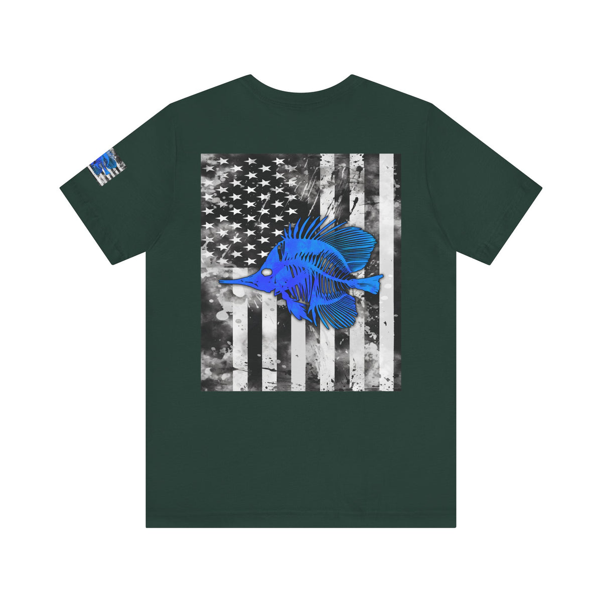 Blue Fish Skeleton Grunge American Flag Tee, Patriotic USA Shirt, Vintage American Flag
