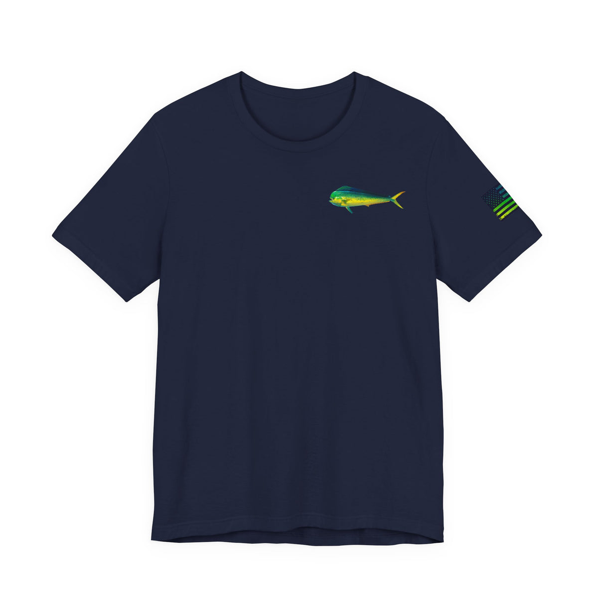 Mahi Mahi Badge Tee with Blackout Flag – Patriotic Saltwater Fishing Shirt
