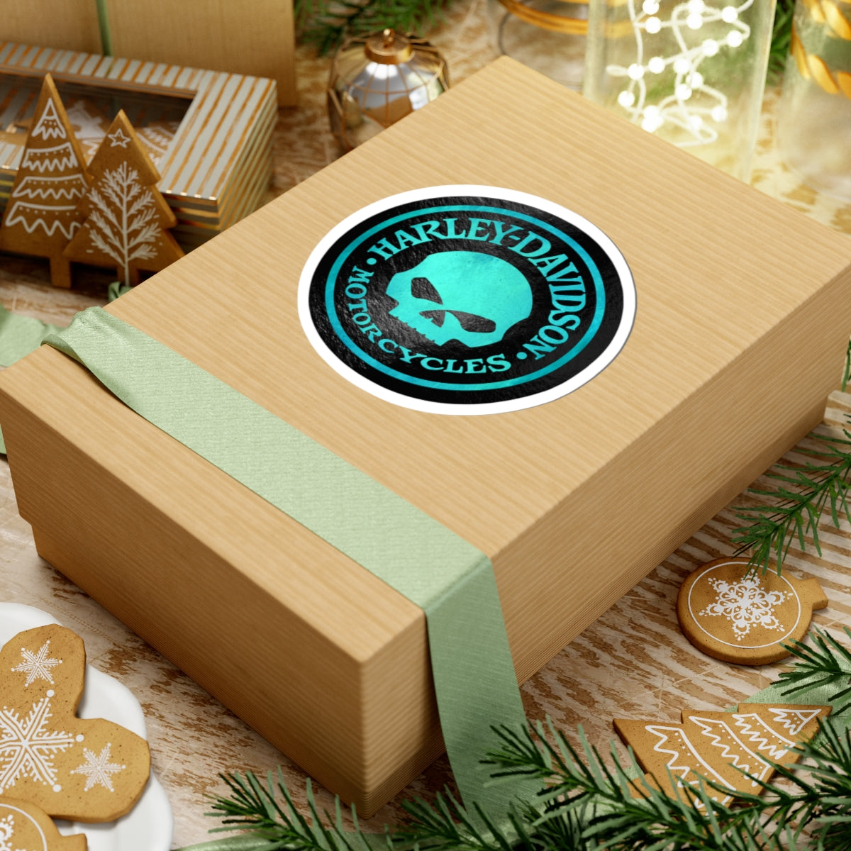 Harley Skull Biker Emblem | Bold Teal Motorcycle Graphic for Decals, Shirts, or Garage Art, ArtKiss-Cut Stickers