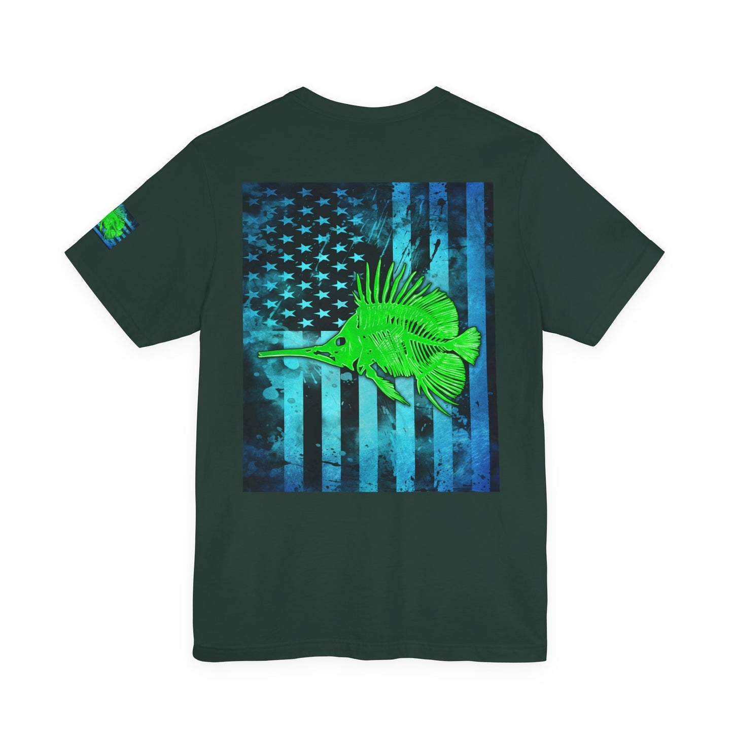 Green Fish Grunge American Flag Tee, Patriotic USA Shirt, Vintage American Flag