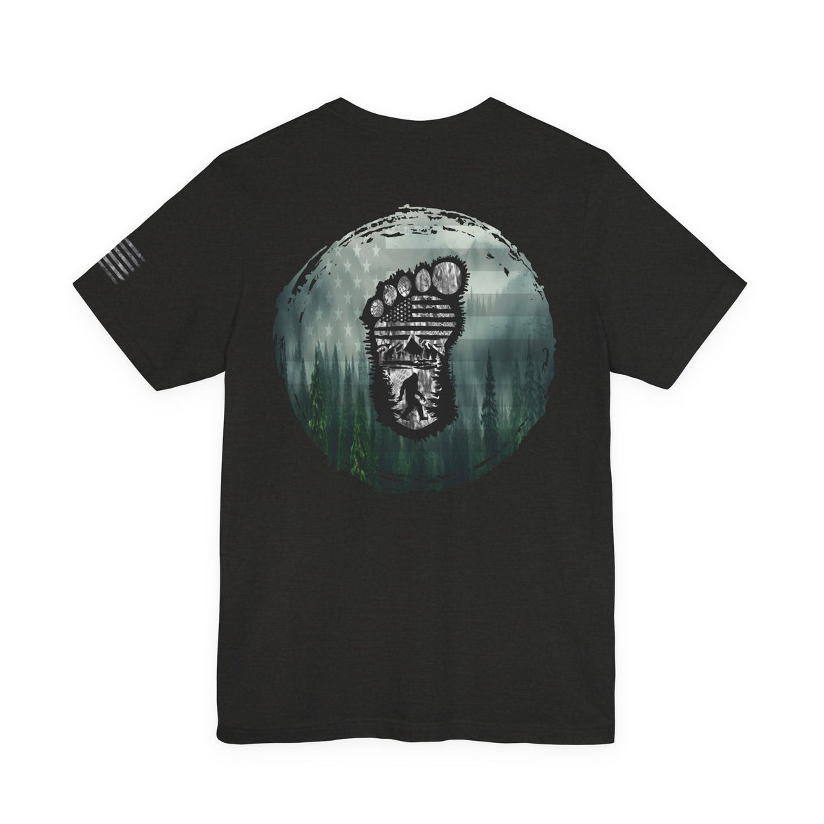 Bigfoot American Flag Camo Tee, Sasquatch Patriotic Shirt, Unisex Graphic Tee, Outdoor Adventure Top, Men's Women's Tee