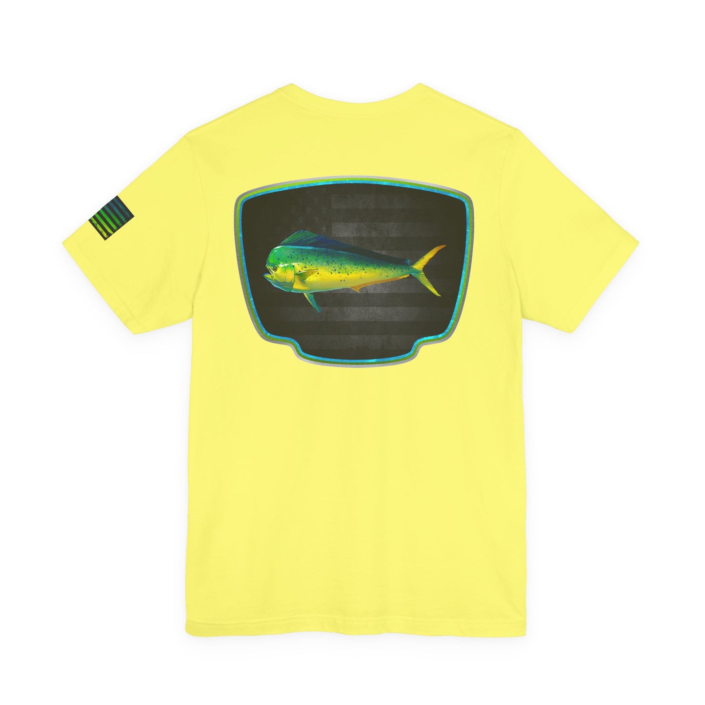 Mahi Mahi Badge Tee with Blackout Flag – Patriotic Saltwater Fishing Shirt
