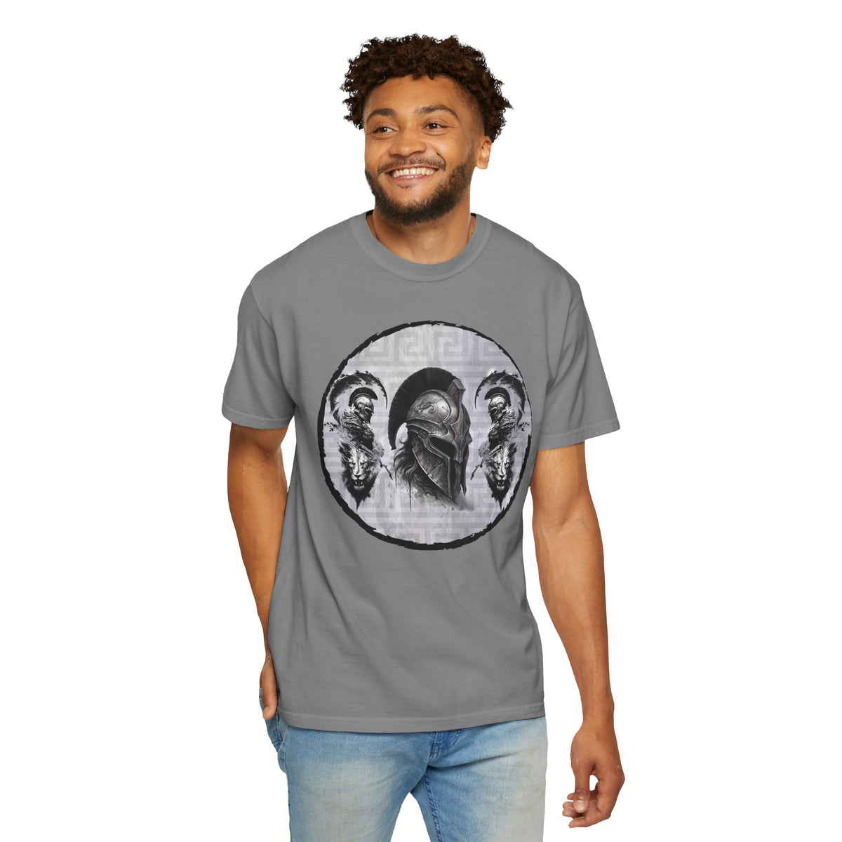 Spartan Warrior T-Shirt – Greek Helmet Circle Design Front & Spear Back | Warrior Graphic Tee
