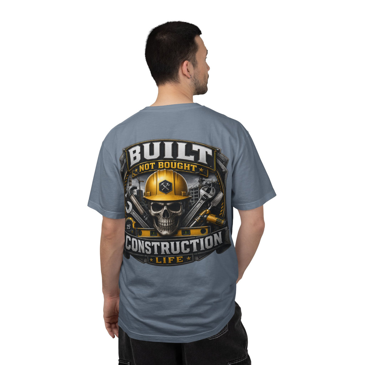 Construction Life T-Shirt — "Built Not Bought" Skull & Hard Hat Crew Tee