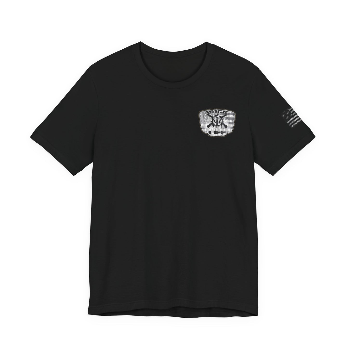 White American Flag Duck Hunting Badge T-Shirt – Mossy Camo Print, Crossed Guns & Duck Skull Graphic