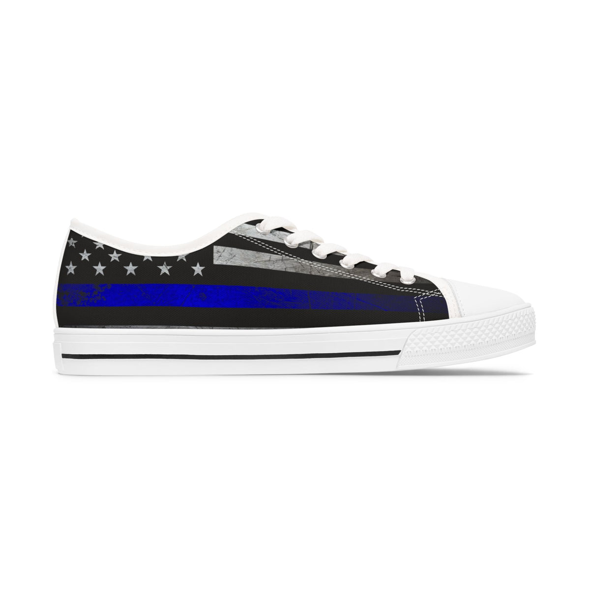 Thin Blue Line American Flag Sneakers – Black & Blue Low Top Canvas Shoes for Women, Police Support, Patriotic Streetwear