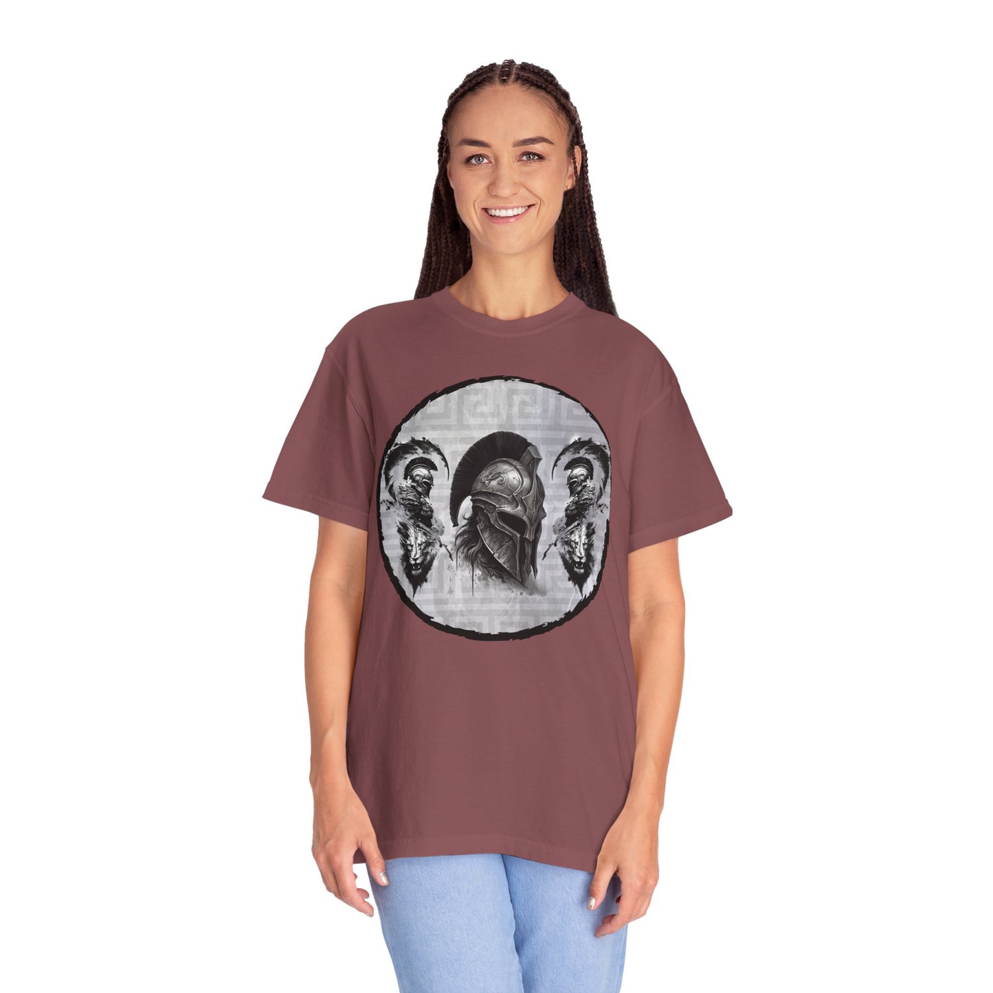 Spartan Warrior T-Shirt – Greek Helmet Circle Design Front & Spear Back | Warrior Graphic Tee